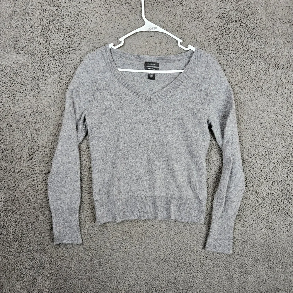 Halogen Womens Small Gray 100% Cashmere V-Neck Long Sleeve Knit Sweater